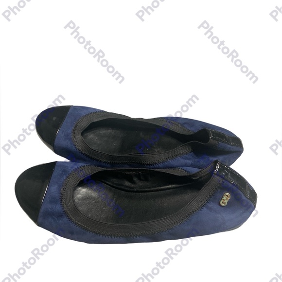 Cole Haan, size 6 1/2B ballet flat slipper/shoe navy suede, black patent lea… - Picture 2 of 8